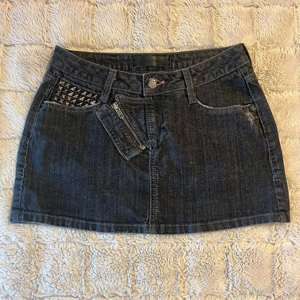 MONARCHY Denim Studded Pocket Mini Skirt Dark Black Y2K Punk